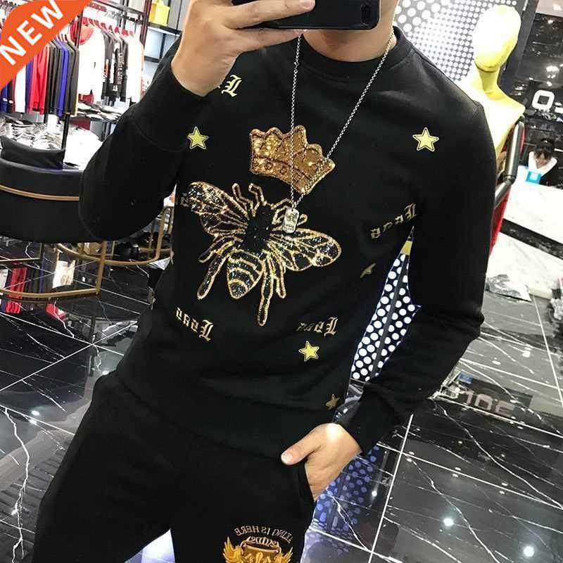 Autumn nd Bee Crown Embroidered Slim O-neck Pullover Sweatsh