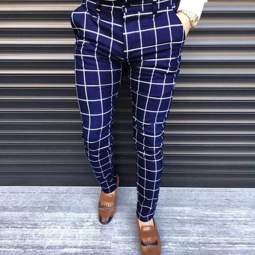 Fashion Men Pants Casual Business Slim Fit Plaid Print Zippe