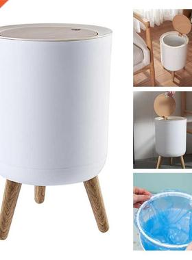 Wooden Trash Can with Lid Press Garbage Rubbish Bin High Foo