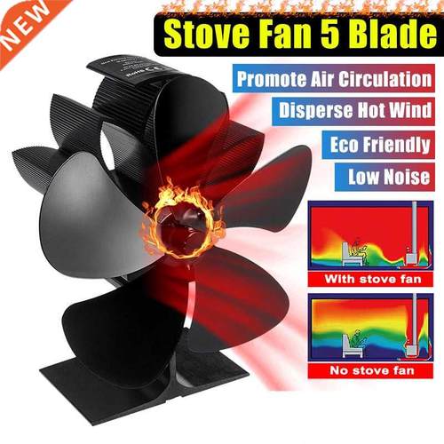 Black 5 Blades Heat Powered Stove Fan Log Wood Burner Eco Fr