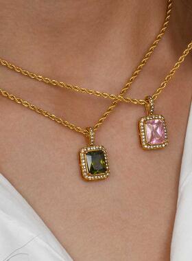 2021 ndy Rope Chin Squre Hert Shpe CZ Stone Pendnt Neck