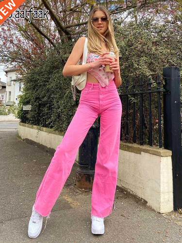 Waatfaak Pink Harajuku Jeans Woman High Waist Baggy Straight