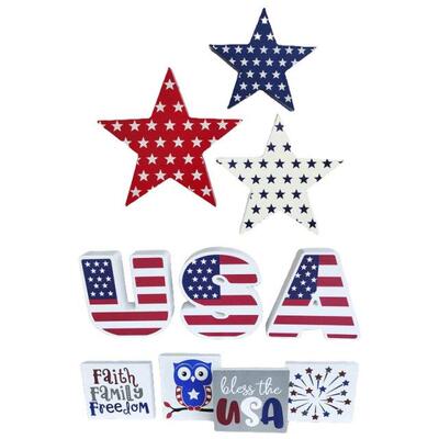 Independence Day Wooden Carved Star USA Letters Ornament 4th