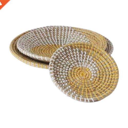 3pcs Handmade Hanging Wall Basket Decor Round Woven Seagrass