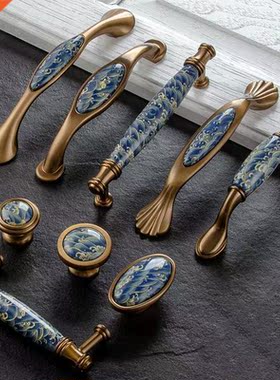 Blue Leaf hand painted ceramichandle and knobs Cupboard cabi