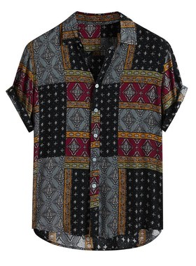 Men Shirt Ethnic Printed Shirts Summer Retro Vintage Streetw