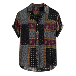 Men Shirt Ethnic Printed Shirts Summer Retro Vintage Streetw