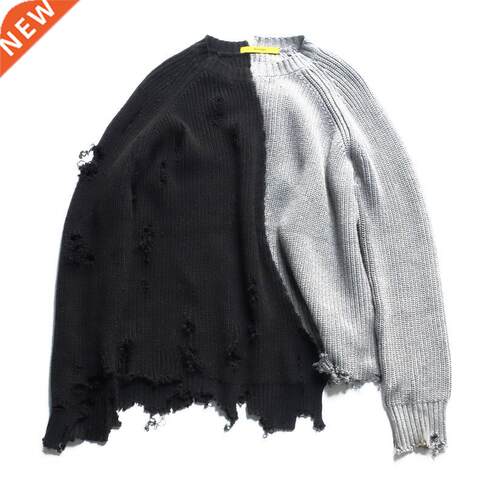 Autumn winter men ripped hole patchwork oversized knitted sw