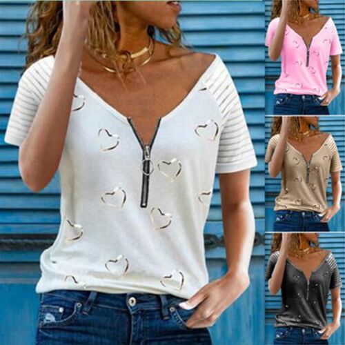Women's Printed T Shirt V Neck Zipper Casual Loose Short Sle