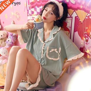 Women Pajama Sets Patchwork Bow Ruffles Simple Turn-down Col