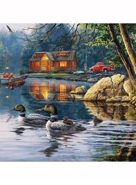 Damond Embrodery Lakesde Cabn & Ducks Damond Pantng F