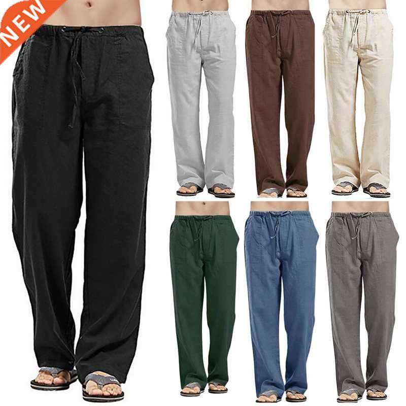 Men's Linen trousers Elastic Waists Loose Pants Fahion C
