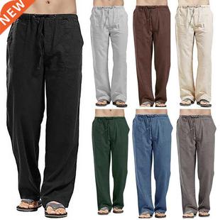 Men's Linen trousers Elastic Waists Loose Pants Fahion C