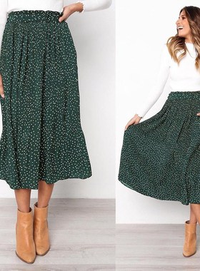 White Dots Floral Print Pleated Midi Skirt Women Elastic Hig