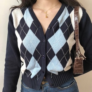 Women Neck Autumn 2020 Sweater Sleeve Long Plaid Vintage