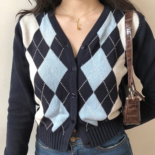 Vintage V-Neck Plaid Long Sleeve Women Sweater 2020 Autumn W
