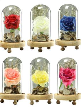 Artificial Eternal Rose in Glass Cover Faux Silk Preserved F