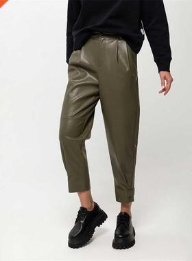 Casual Solid Color Real Pocket Loose Pu Leather Pants Office