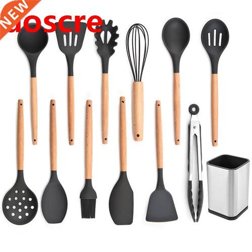 Kitchen Utensil Set Silicone Cooking Utensils with Wooden Ha