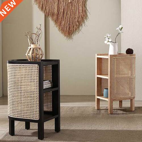 Solid Wood Rattan Bedside Table Japanese-style Side Cabinet