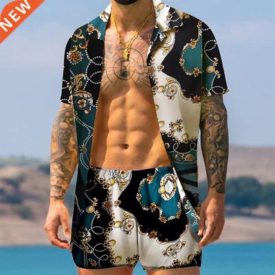 New Men Hawaiian Sets Summer Printing Short Sleeve Shirt Bea