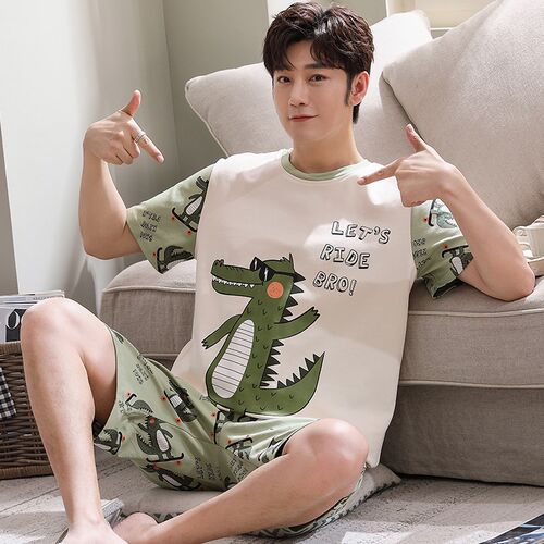 Men Pajamas Set Summer Short-sleeves O-neck Sleepwear Funny