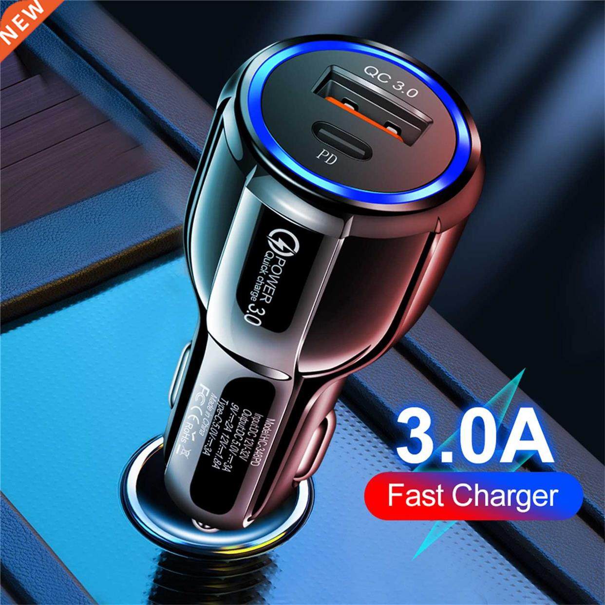 Dual USB Car Charger LED PD QC 3.0 USB 30W Fast Charging Mob