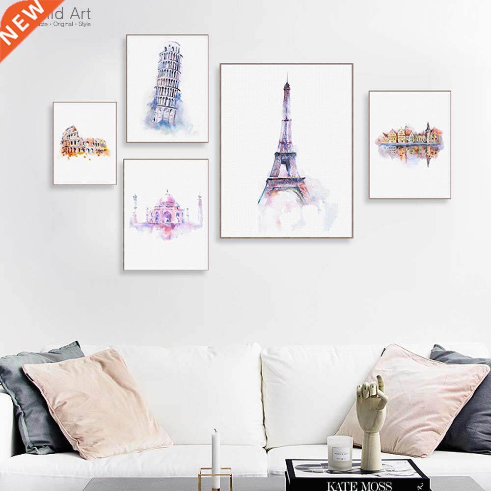 Watercolor World City Paris Rome Eiffel Tower Taj Mahal Pos