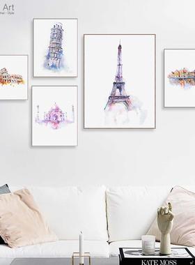 Watercolor World City Paris Rome Eiffel Tower Taj Mahal Pos