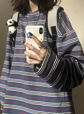 Spring Autumn female  Casual O-Neck stripe Tees harajuku Loo
