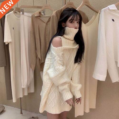 Sweater Woen Design Sense High Neck Pullover Off shoulder