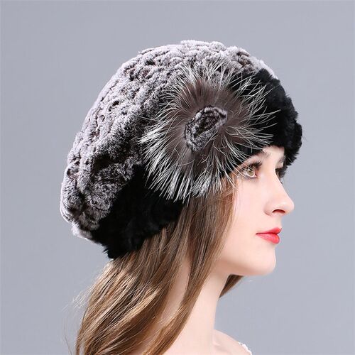 New Arrival Lady Beret Caps Knitted Warm Real Rex Rabbit
