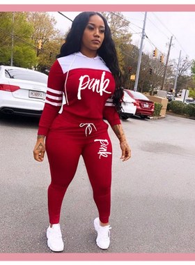 2020 Fashion Pink Letter Print Tracksuits Women Two Piece Se