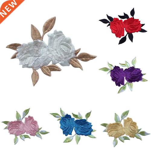Double Head Rose Flower Leaves Embroidery Iron On Applique P