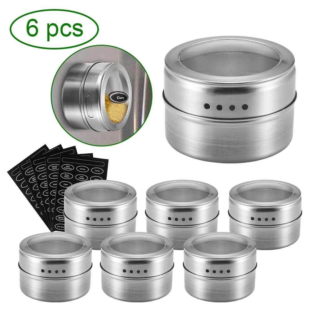 6PCS Magnetic Spice Tins Stainless Steel Spice Jar Set With