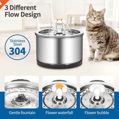 Stainless Steel Cat Water Fountain Dog Drinking Bowl Pet USB
