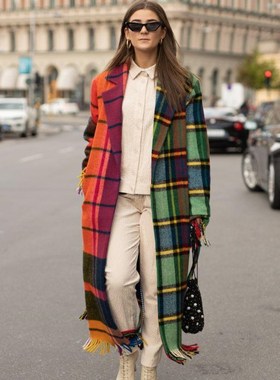 Women Plaid Coat Autumn Artificial Woollen Fabric Contrast C