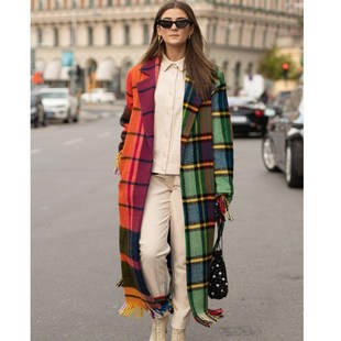 Women Plaid Coat Autumn Artificial Woollen Fabric Contrast C