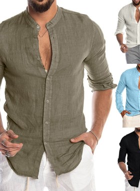 New Men's Casual Blouse Cotton Linen Shirt Loose Tops Short
