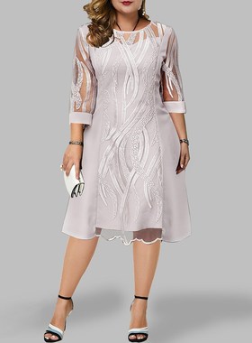 Plus Size Women Casual Dress Elegant Mesh Embroidered Weddin