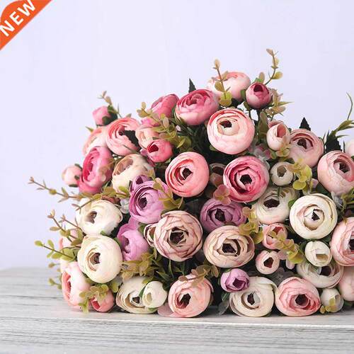 European Vintage Artificial Silk Tea Rose Flowers 6 head 4 S