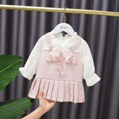 Pleated Sweet Girl Piece Two Fake Sequined Bow Baby Autumn
