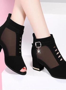 2021 New Peep Toe Sandals Boots,Women PU Leather Summer Mesh