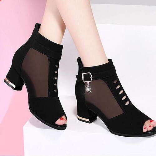 2021 New Peep Toe Sandals Boots,Women PU Leather Summer Mesh