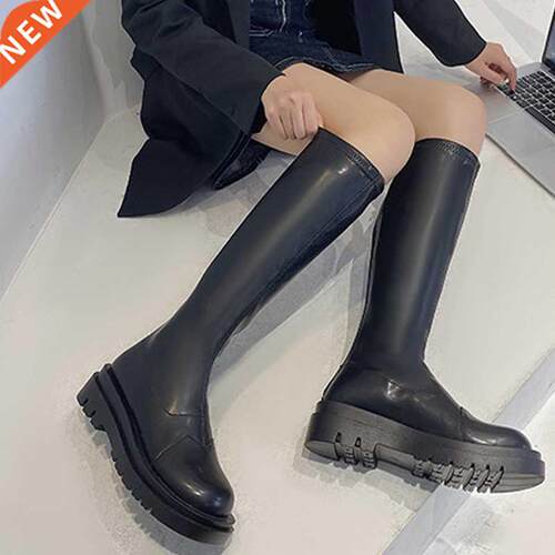 2021 Fashion Chunky Heel Women Slim Knee High Boots Sewing H
