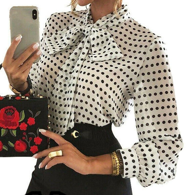 2020 Elegant Women Polka Dot Blouses Formal Office Lady Bow
