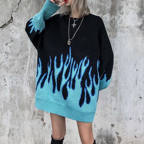 2021 new sweater female hip-hop style flame jacquard women's