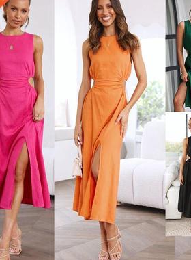 Women Elegant O Ne Sveless Slim Waist Hollow out Solid