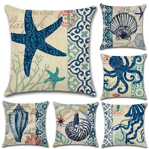 Marine Life Octopus/Seahorse/Conch Print 45*45cm Cushion Co