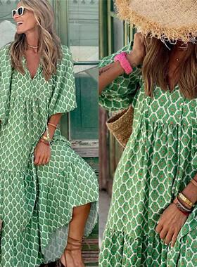 2022 Summer Boho Long Dress Women Floral Print Puff Sve L